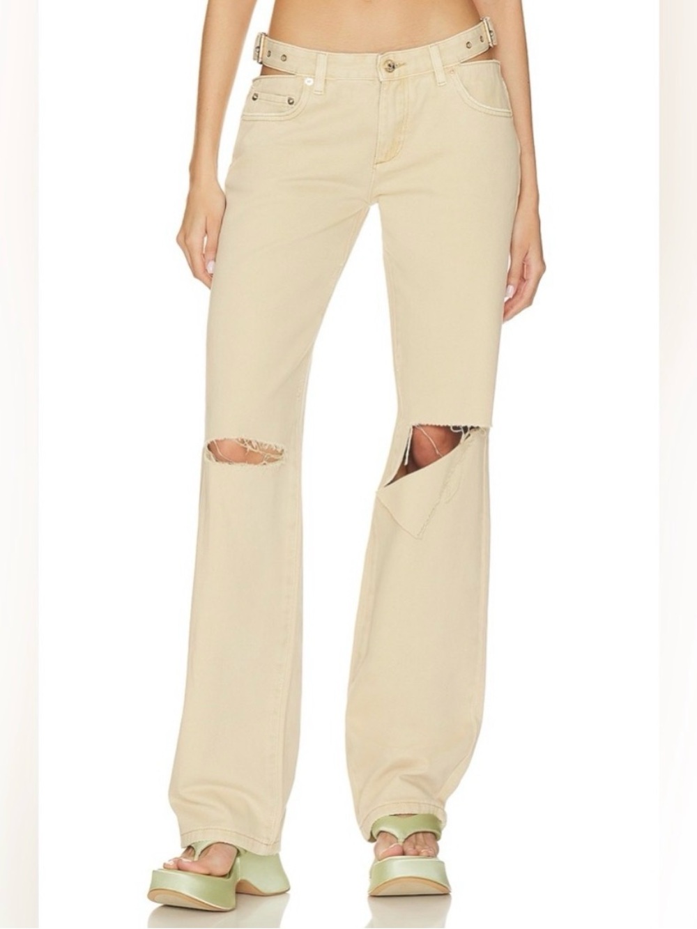 SER.O.YA Beige Distressed Straight-Leg Jeans